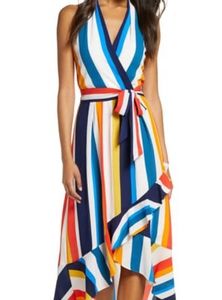 STRIPED HALTER MAXI SUNDRESS IN RED/ORANGE/BLUE